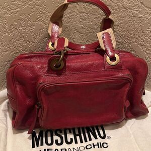 Moschino Top Handle Travel Tote Bag Deep Pinkish Red Leather Gold Hardware